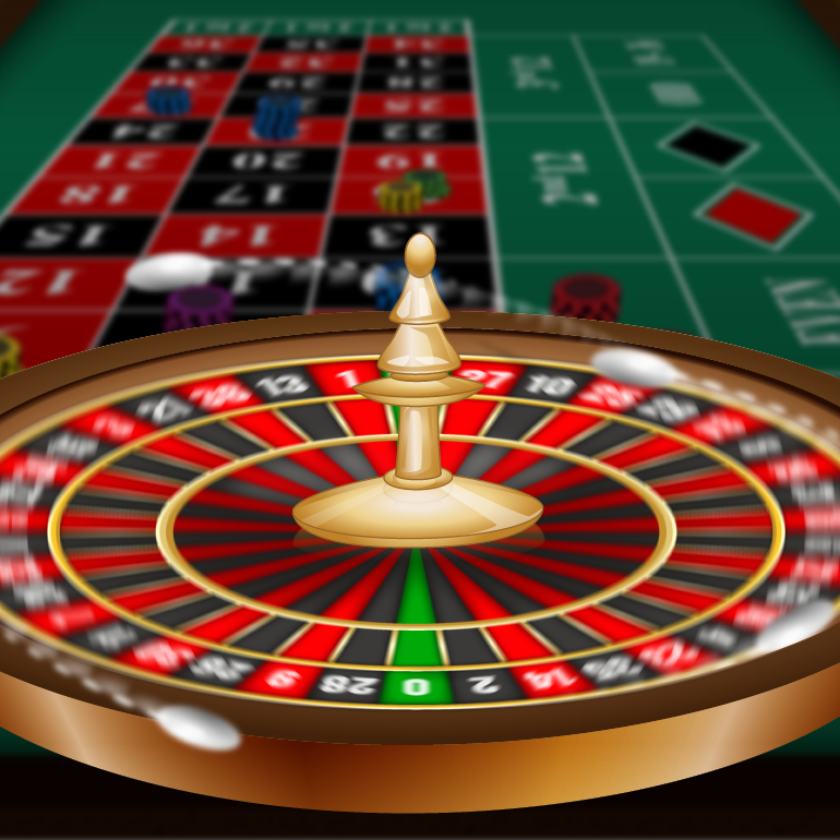 Roulette table with wheel and layout